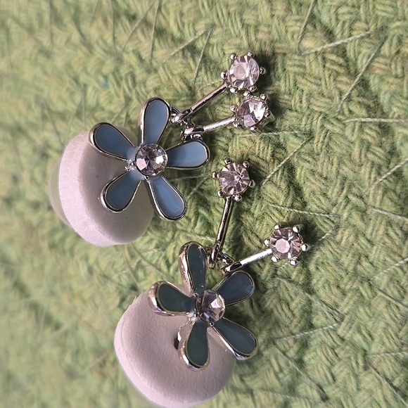 Floral Stud Earrings with Rhinestones, Stainless Steel Post Oriental Style - Picture 6 of 7